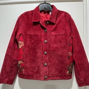 Chico's Vintage Red Suede Long Sleeve Button Up Jacket Floral Pattern Pockets